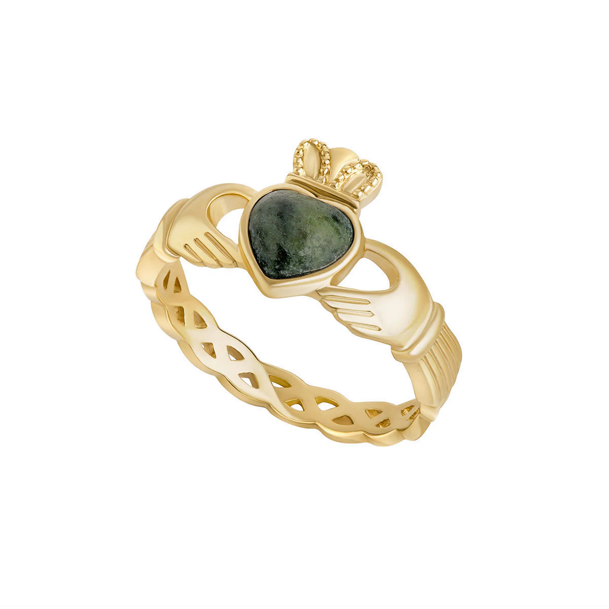 Connemara Marble Gold Claddagh Ring With Celtic Weave Band...