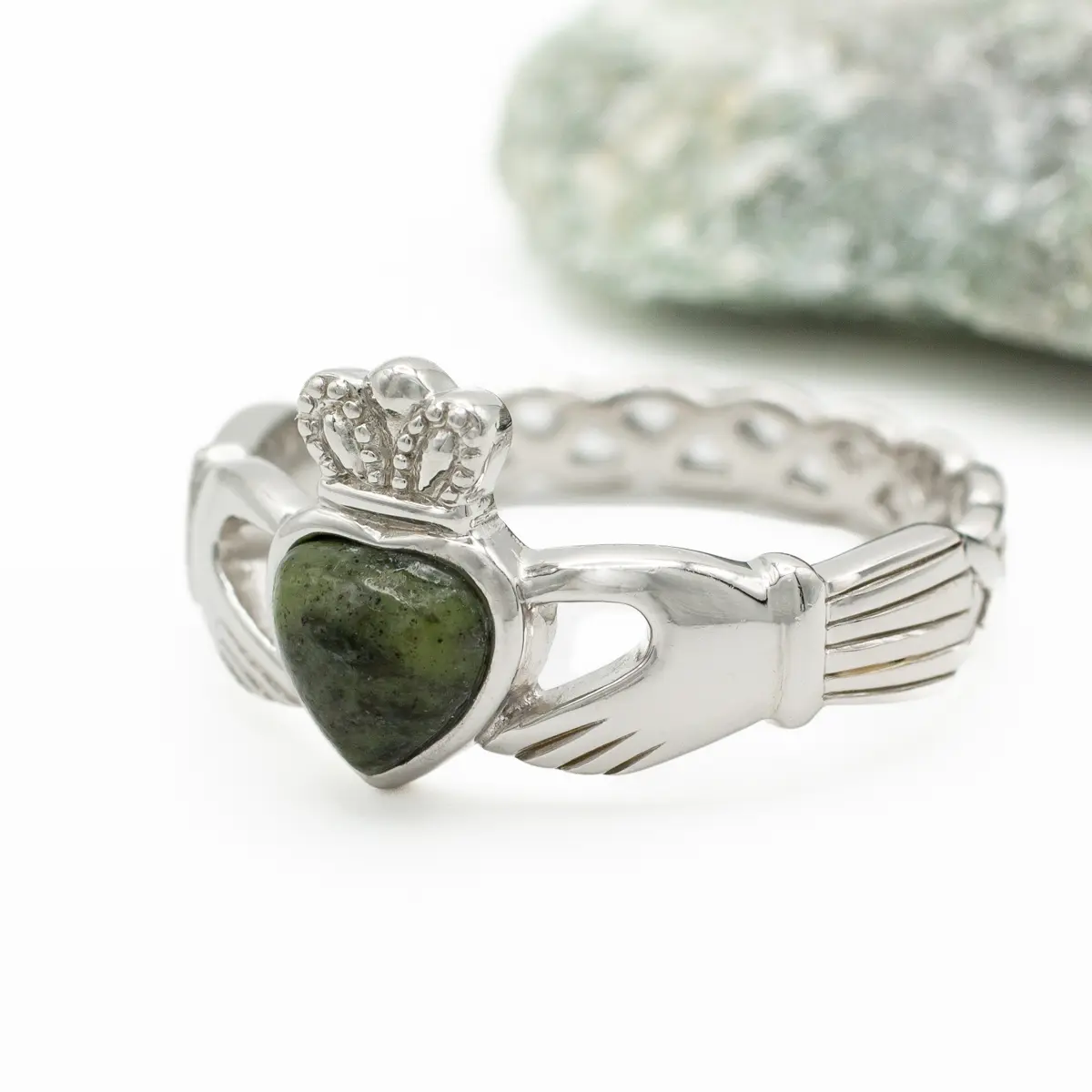 Connemara Marble Silver Claddagh Ring With Celtic Weave Band