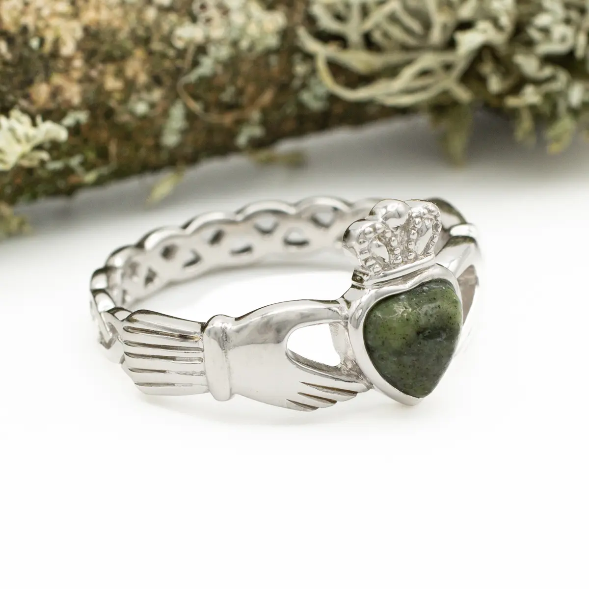 Connemara Marble Silver Claddagh Ring With Celtic Weave Band Photo 3 