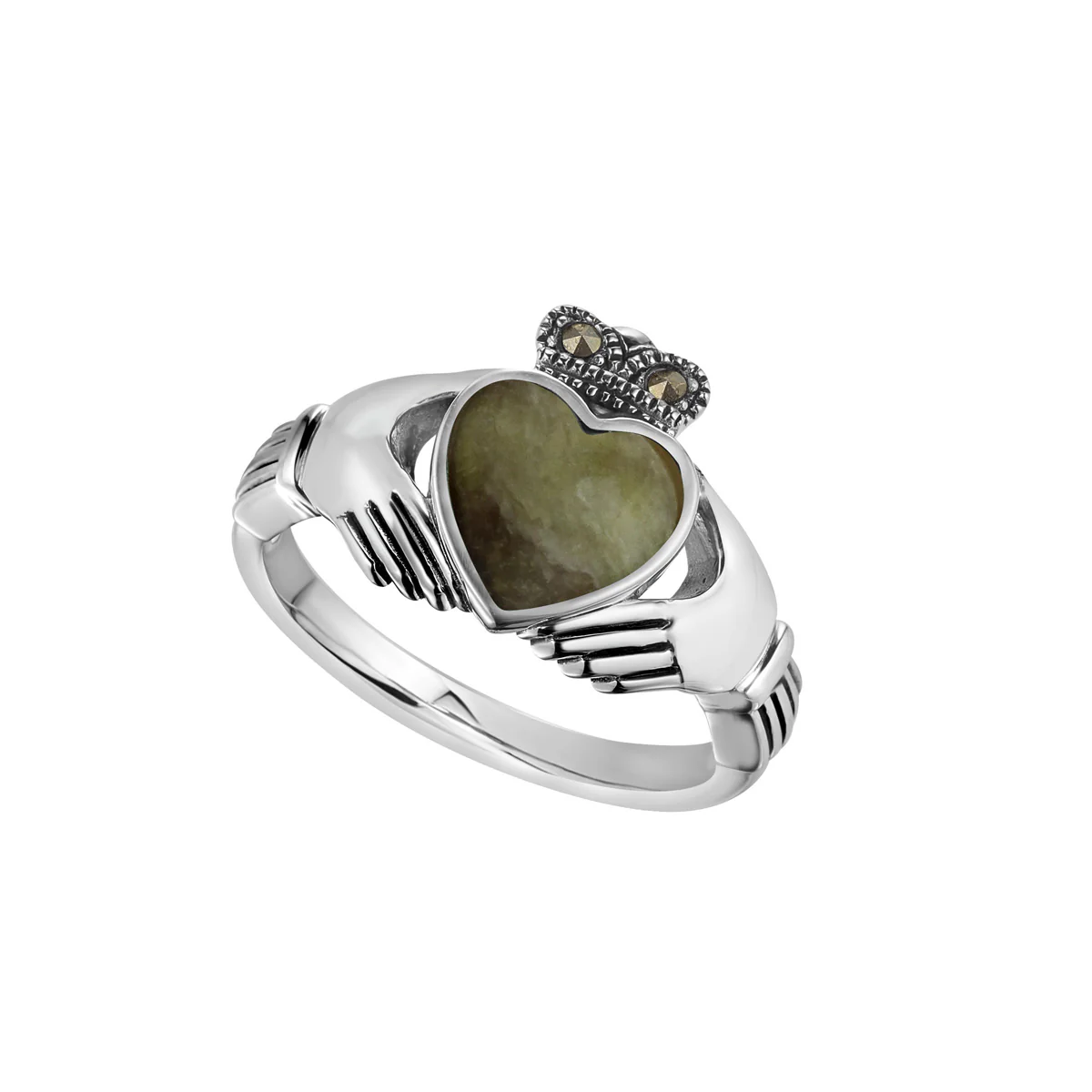 Silver Connemara Marble & Marcasite Claddagh Ring