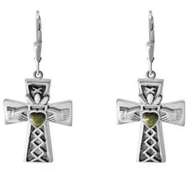 Connemara Marble Sterling Silver Claddagh Cross Earrings