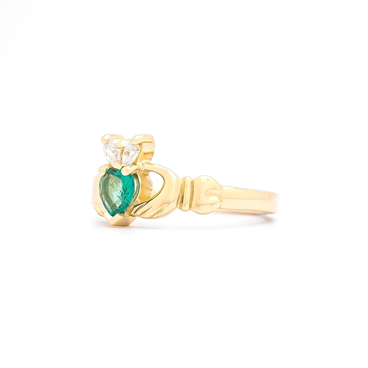 Ladies 14k Gold Emerald And Diamond Claddagh Ring Photo 4 