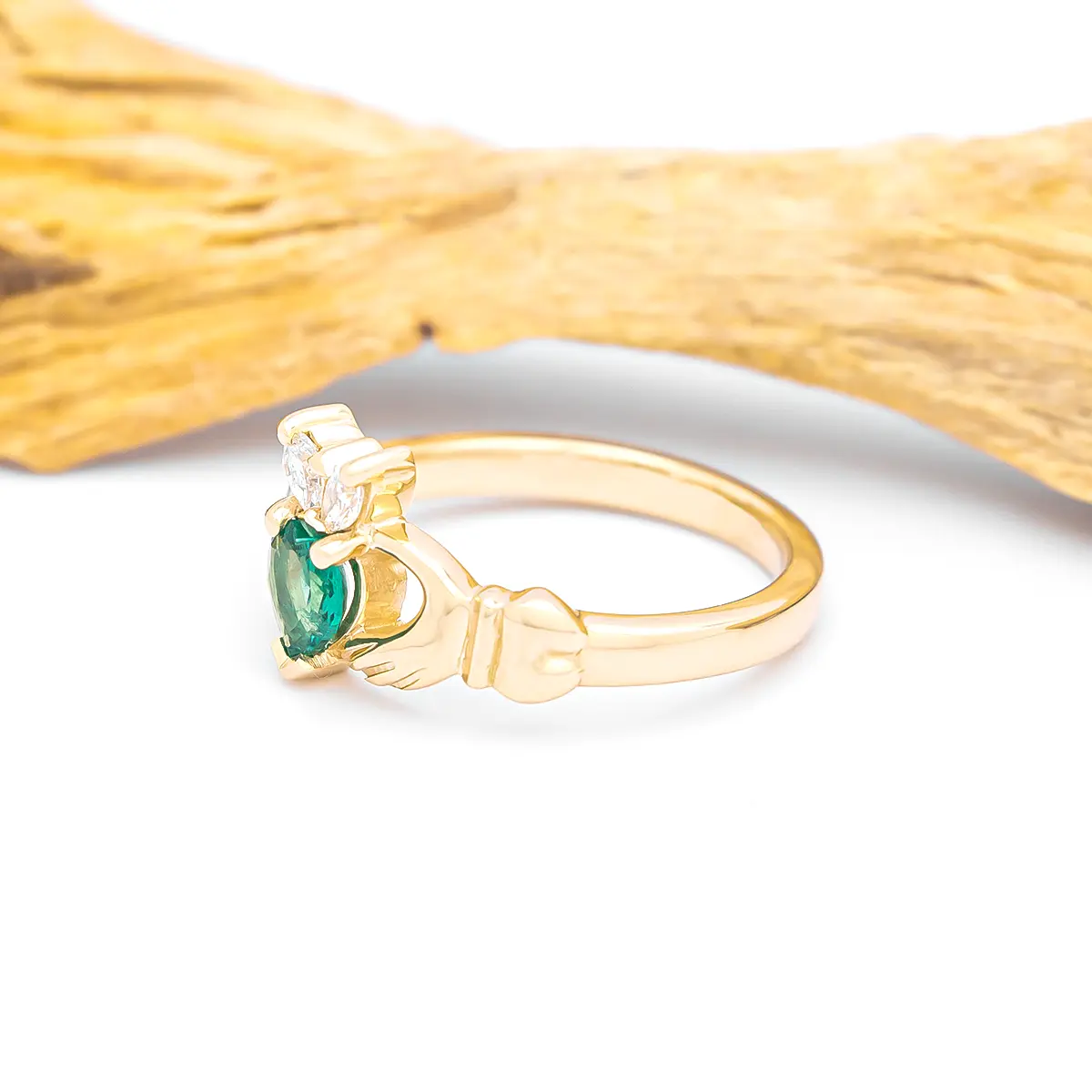 Ladies 14k Gold Emerald And Diamond Claddagh Ring Photo 6 