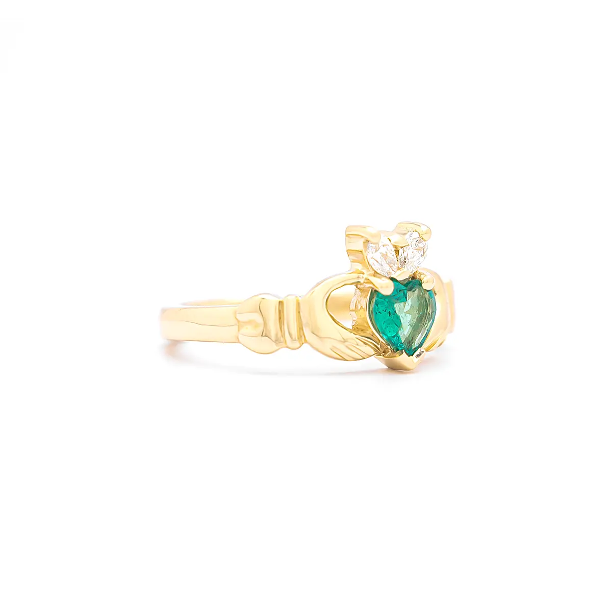 Ladies 14k Gold Emerald And Diamond Claddagh Ring Photo 3 