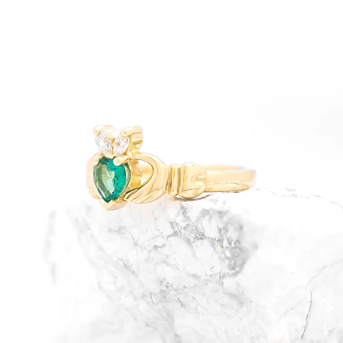 Ladies 14k Gold Emerald And Diamond Claddagh Ring Photo 7 