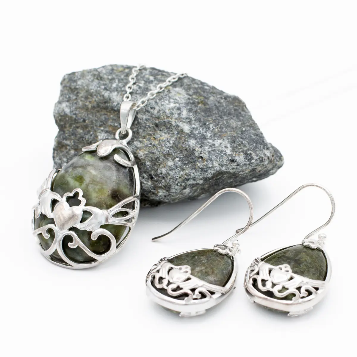 Connemara Marble Claddagh Pendant And Earrings Gift Set