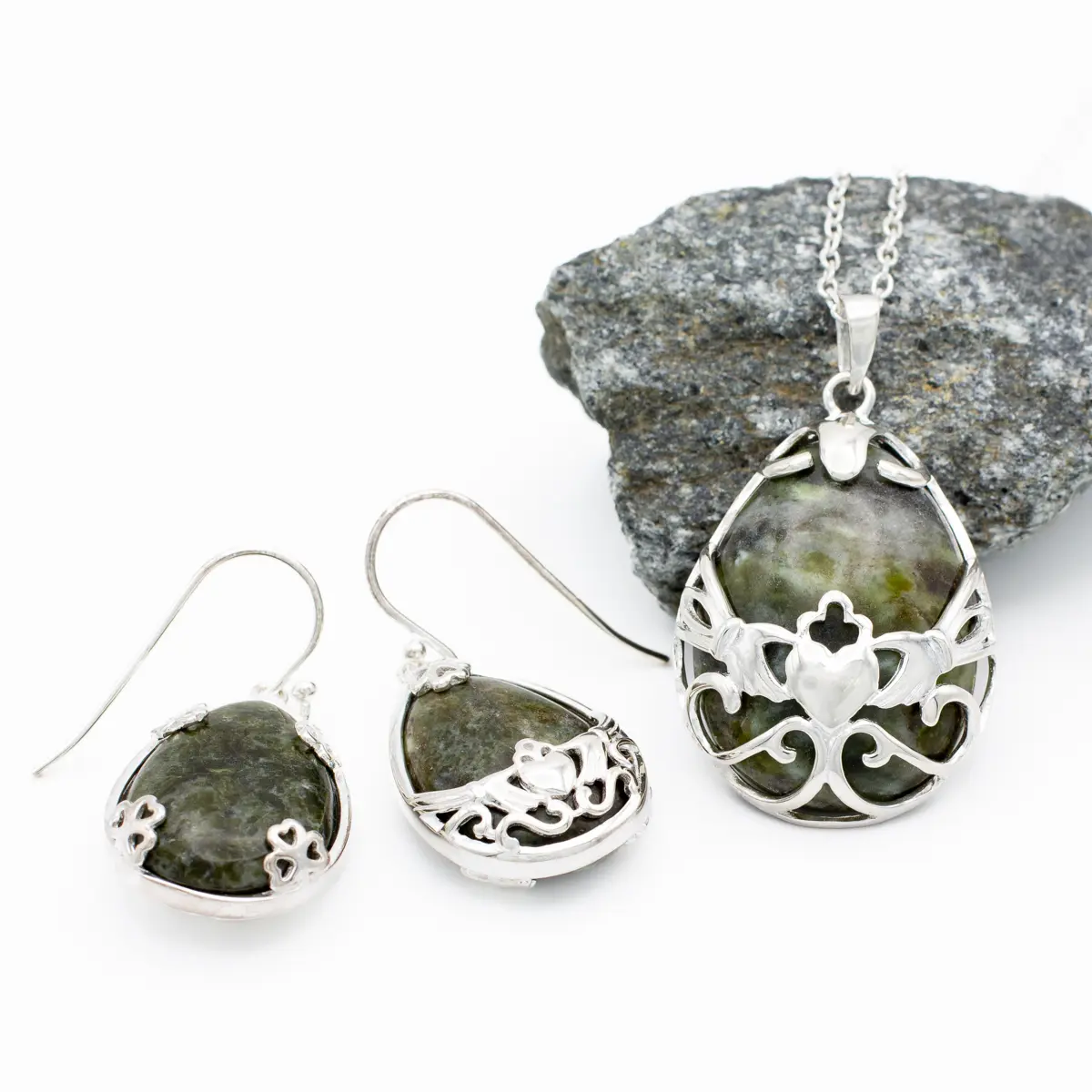 Connemara Marble Claddagh Pendant And Earrings Gift Set Photo 3 
