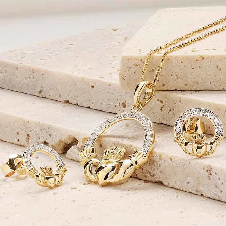 Gold Claddagh Diamond Necklace & Earrings Gift Set