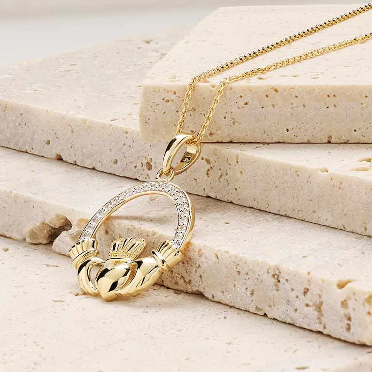 Gold Claddagh Diamond Necklace & Earrings Gift Set Photo 3 