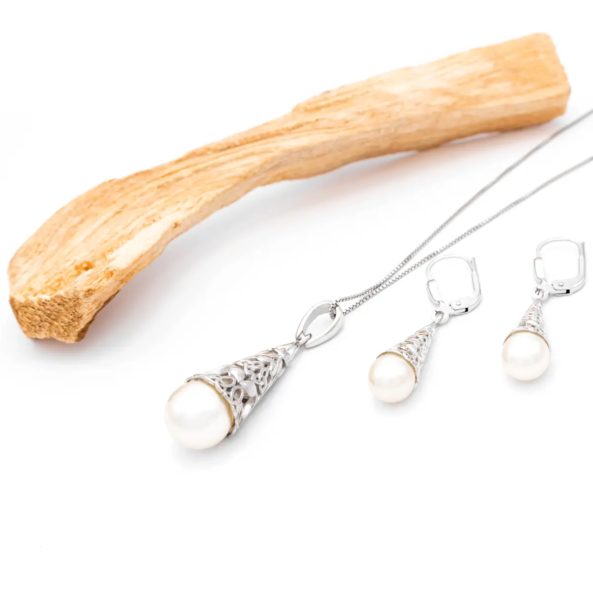 Silver Pearl Tree of Life Pendant and Earrings Gift Set