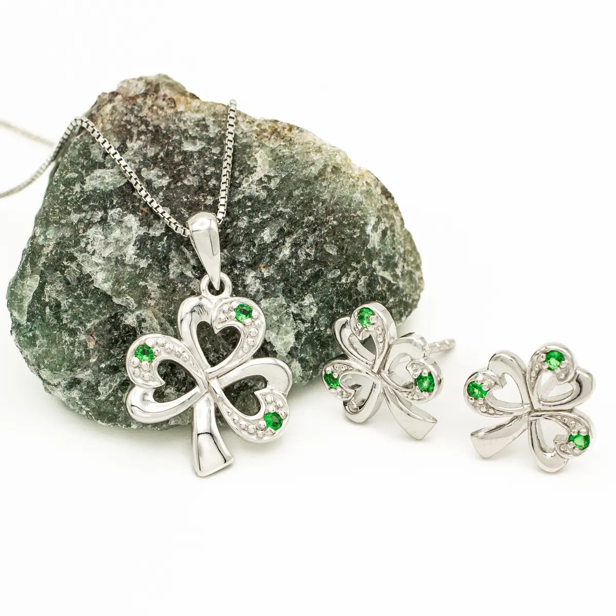 Silver Shamrock Necklace and Earrings Gift Set