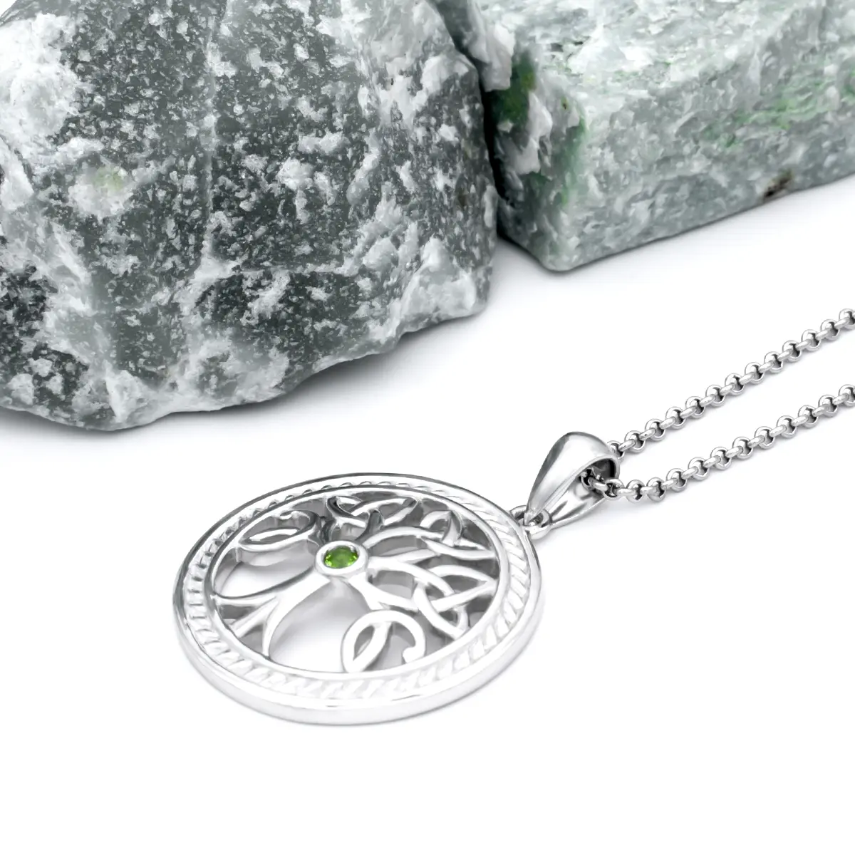 Silver Tree of Life Pendant and Earrings Gift Set With Green Stone Centerpiece Photo 5 