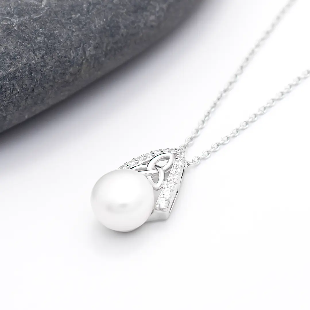 Silver Trinity Knot Pearl Pendant And Earrings Gift Set Photo 4 