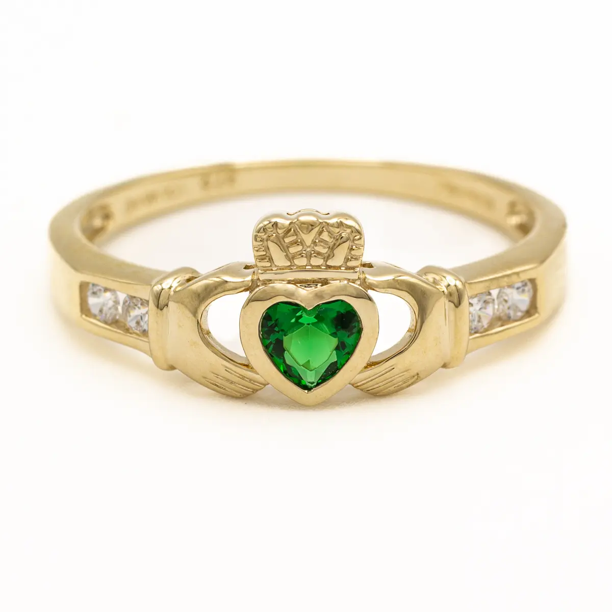 Ladies 10k Gold Created Emerald Claddagh Ring