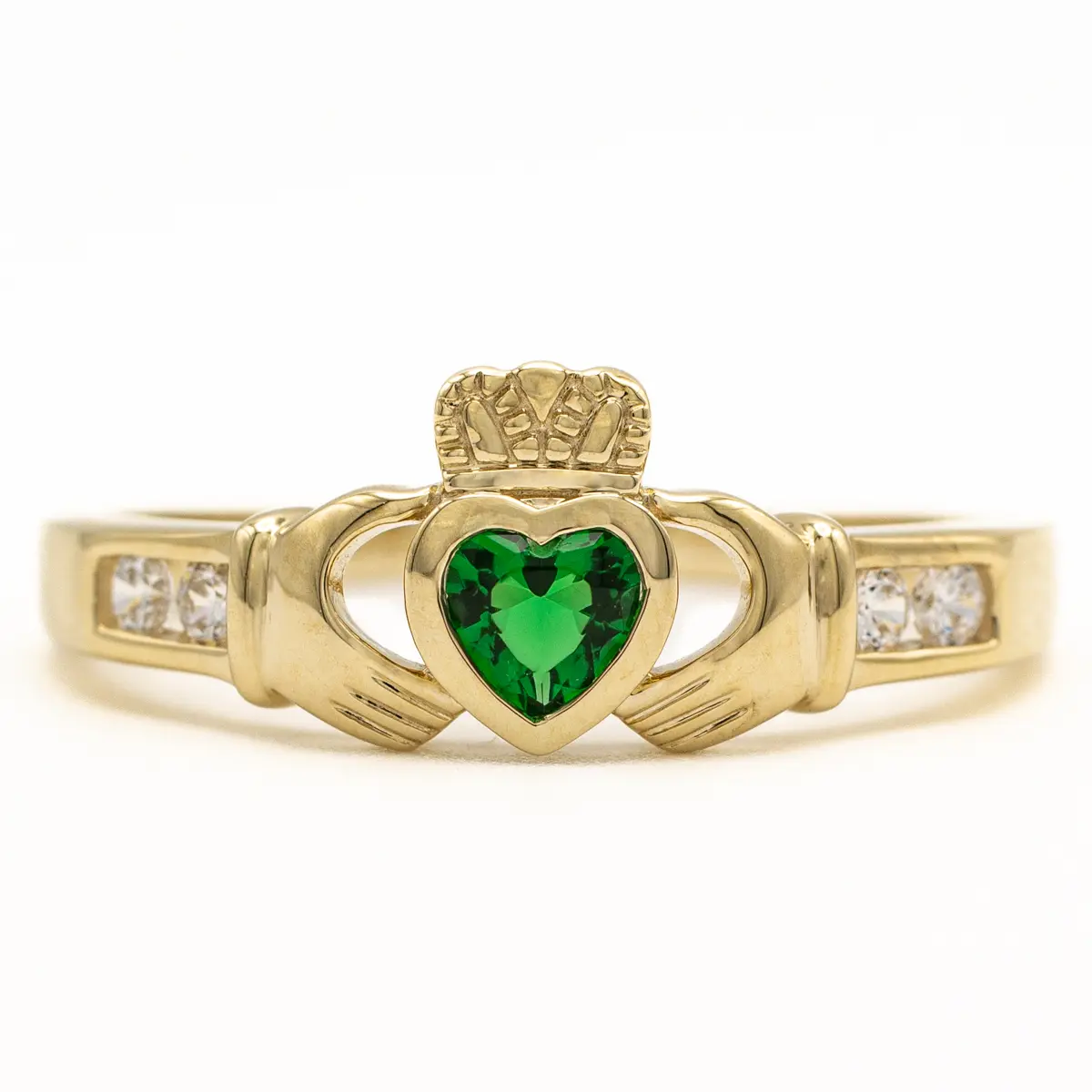 Ladies 10k Gold Created Emerald Claddagh Ring Photo 2 