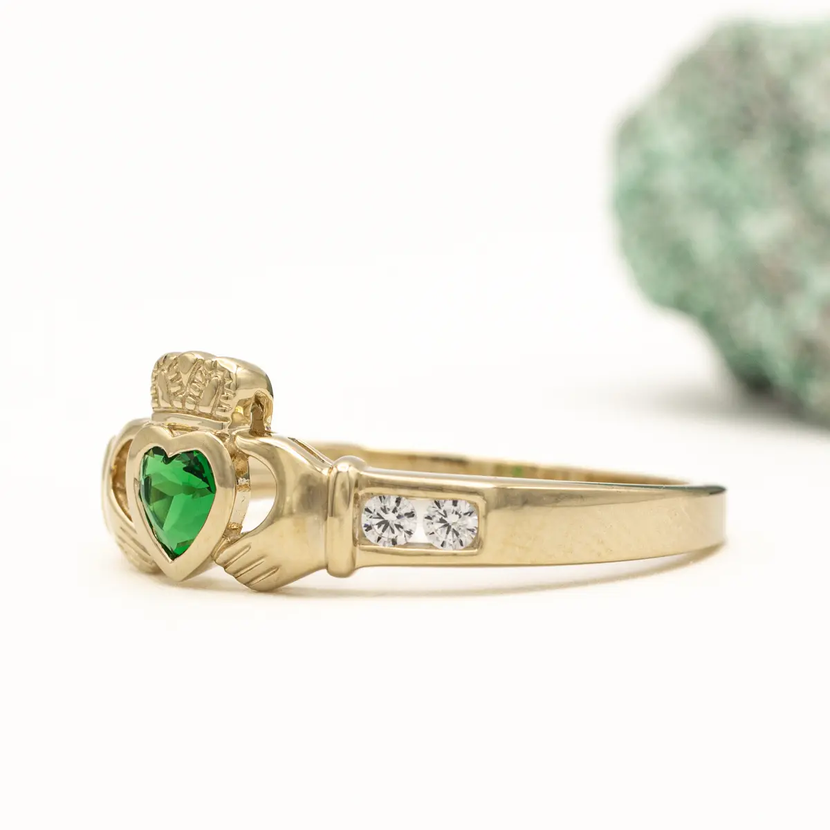Ladies 10k Gold Created Emerald Claddagh Ring Photo 3 