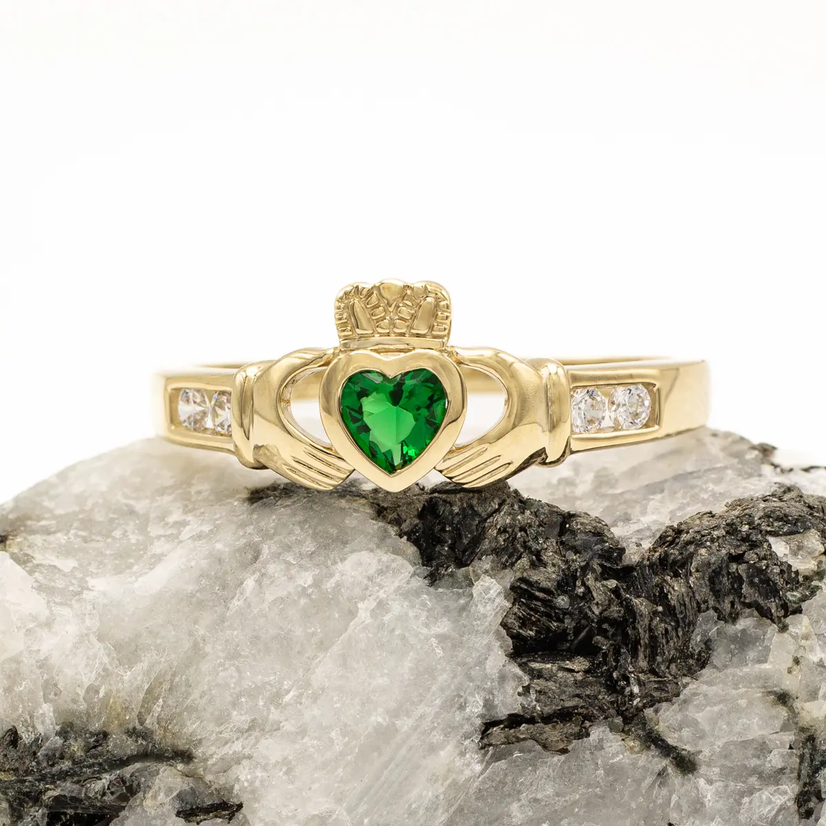 Ladies 10k Gold Created Emerald Claddagh Ring Photo 8 