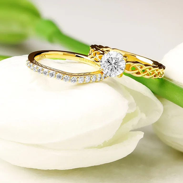 Gold Diamond Celtic Knot Engagement & Wedding Ring Set...