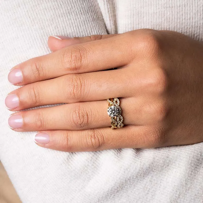 Gold Diamond Infinity Knot Engagement & Wedding Ring Set...