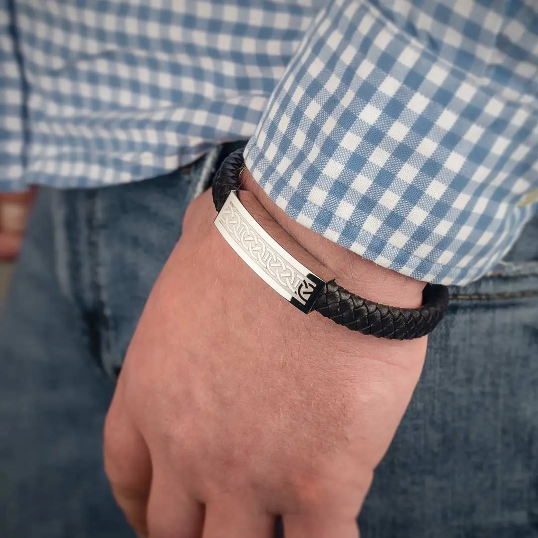 Mens Steel Celtic Black Leather Bracelet Photo 2 