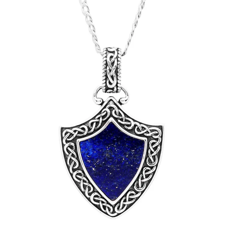 Blue Lapis Oxidized Silver Celtic Shield Necklace