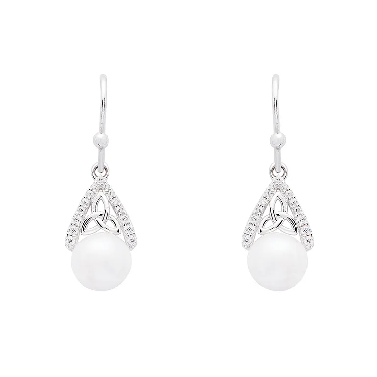 Sterling Silver Trinity Knot Pearl Drop Earrings...