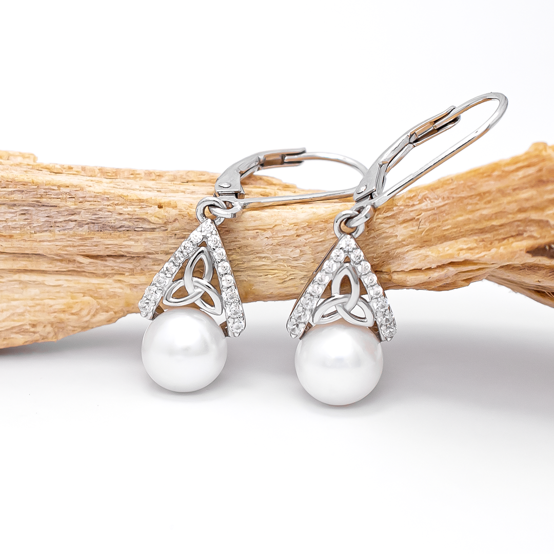 Sterling Silver Trinity Knot Pearl Drop Earrings Photo 3 