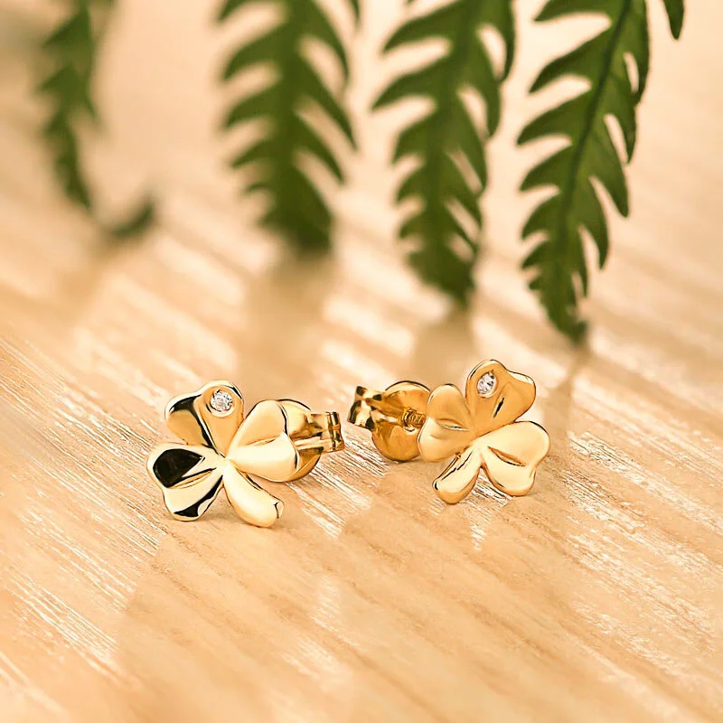 10k Gold Shamrock Stud Earrings Set With Cubic Zirconia Stones 6...
