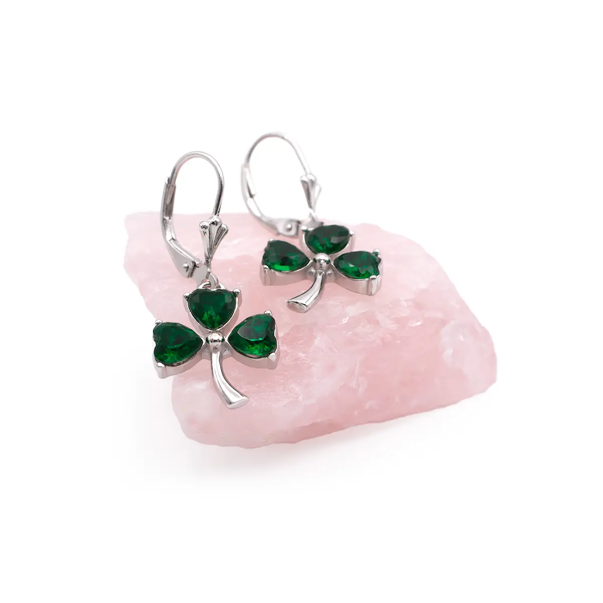 Silver Irish Shamrock Earrings With Green Crystals