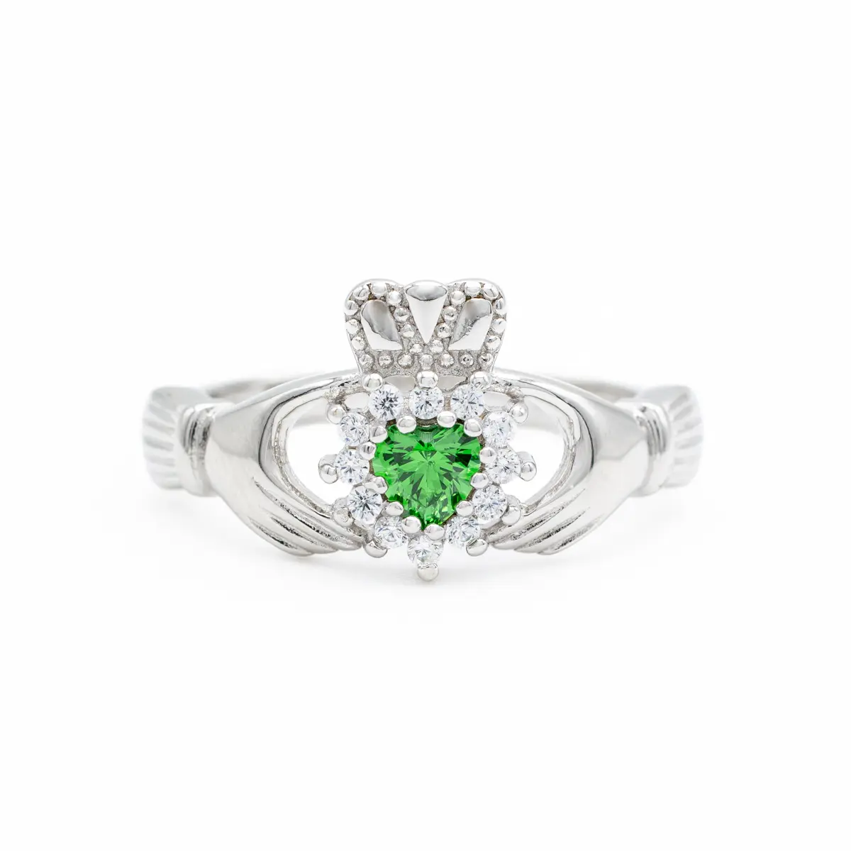 Silver Claddagh Ring With Green Crystal Heart Photo 4 