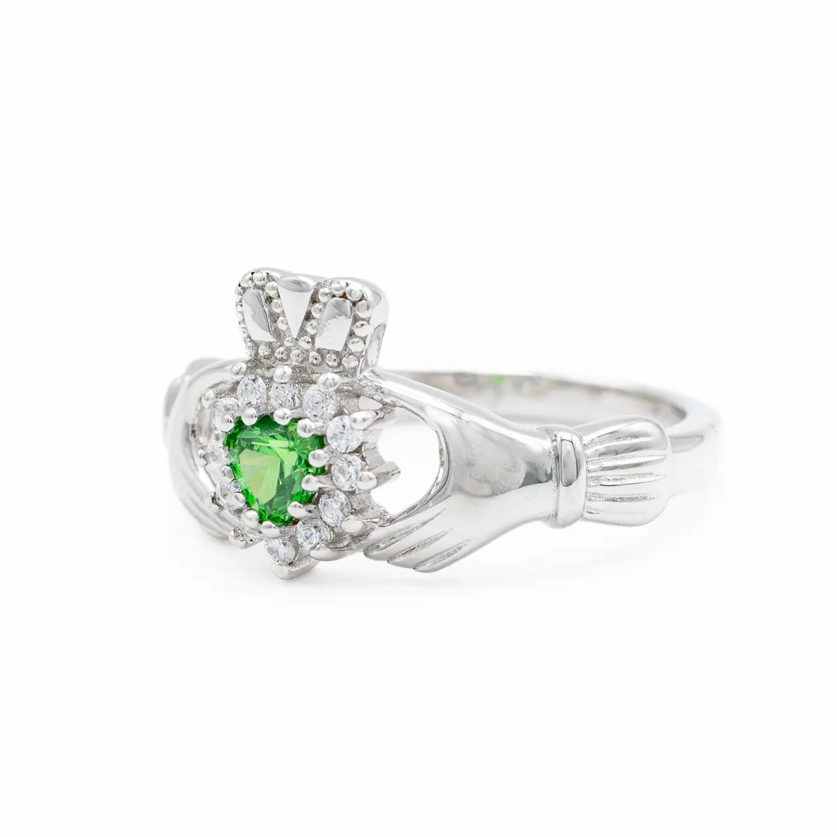 Silver Claddagh Ring With Green Crystal Heart Photo 2 