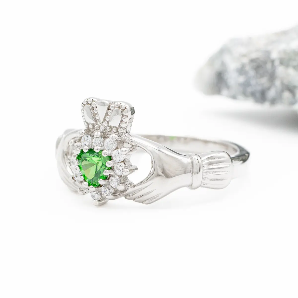 Silver Claddagh Ring With Green Crystal Heart Photo 5 