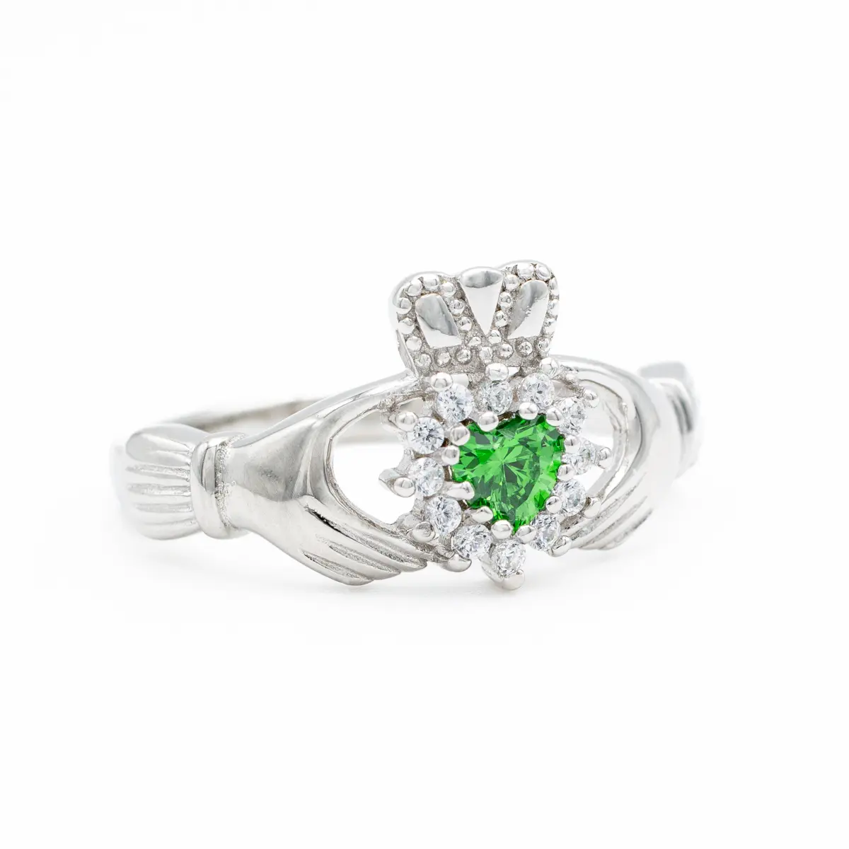 Silver Claddagh Ring With Green Crystal Heart Photo 6 