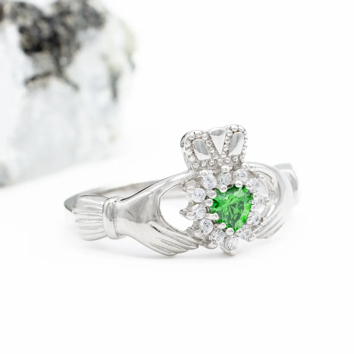 Silver Claddagh Ring With Green Crystal Heart Photo 3 