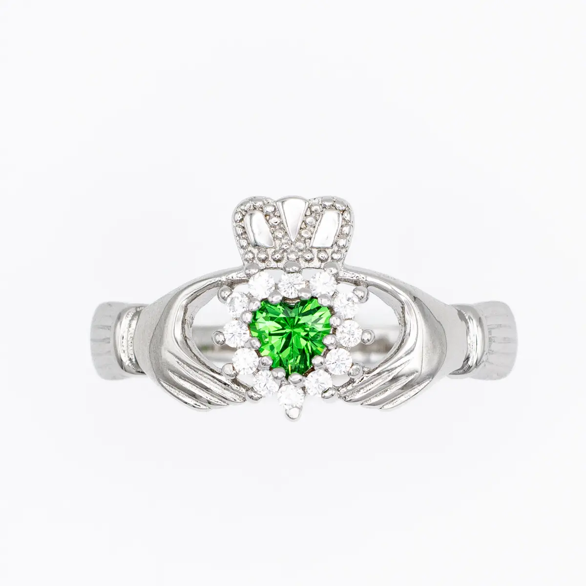 Silver Claddagh Ring With Green Crystal Heart Photo 7 