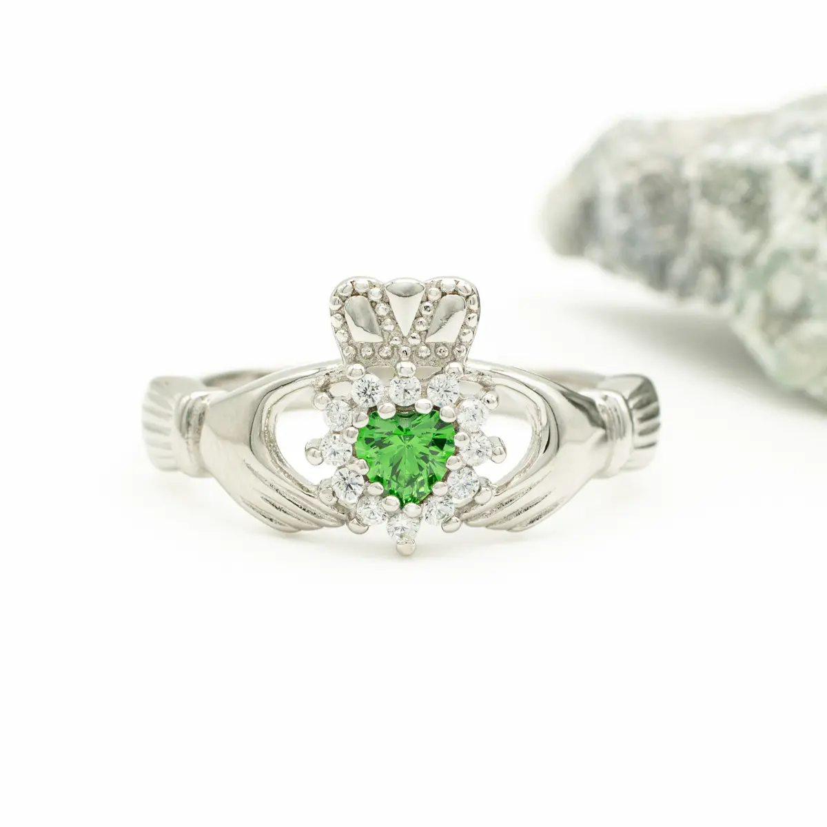 Silver Claddagh Ring With Green Crystal Heart