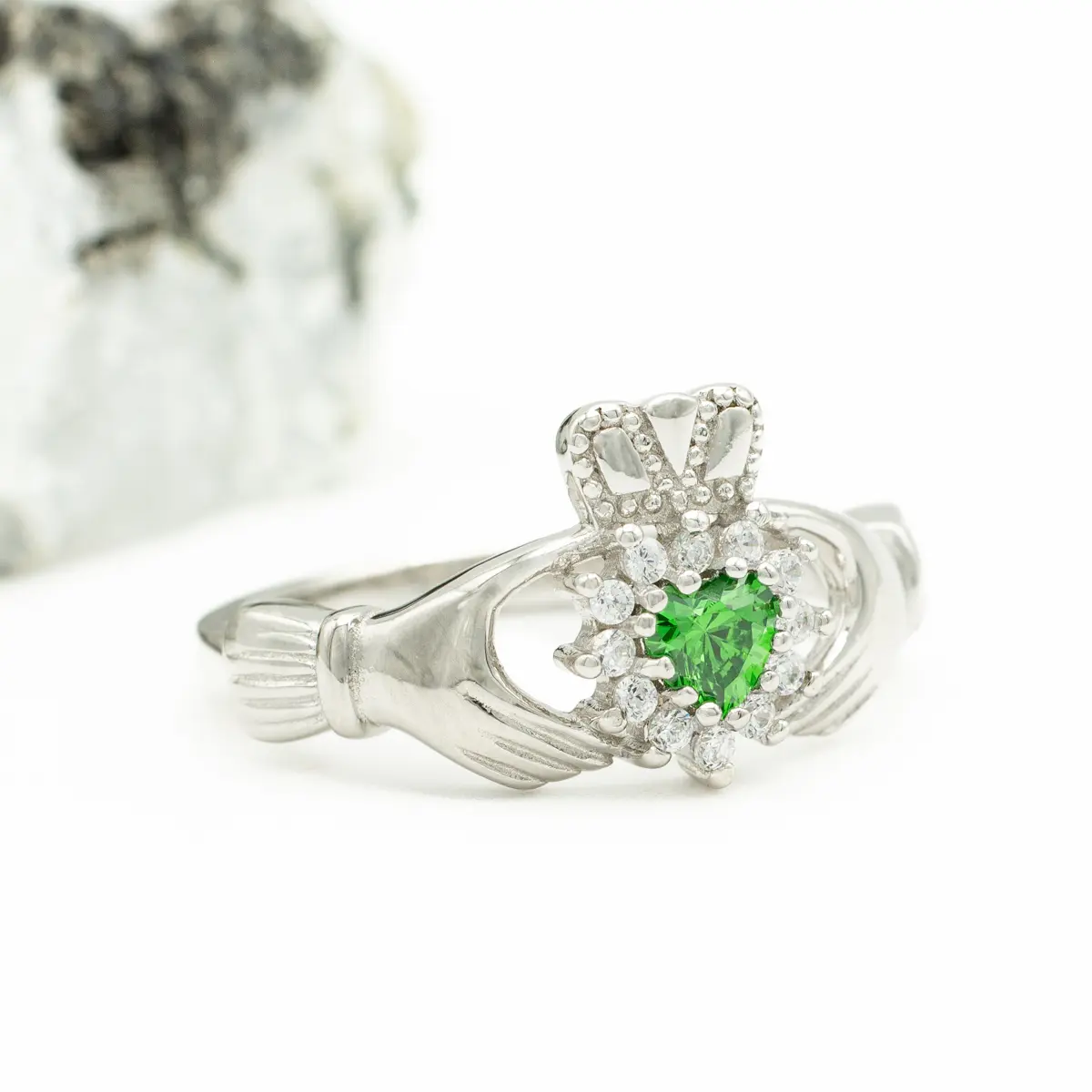 Silver Claddagh Ring With Green Crystal Heart Photo 3 