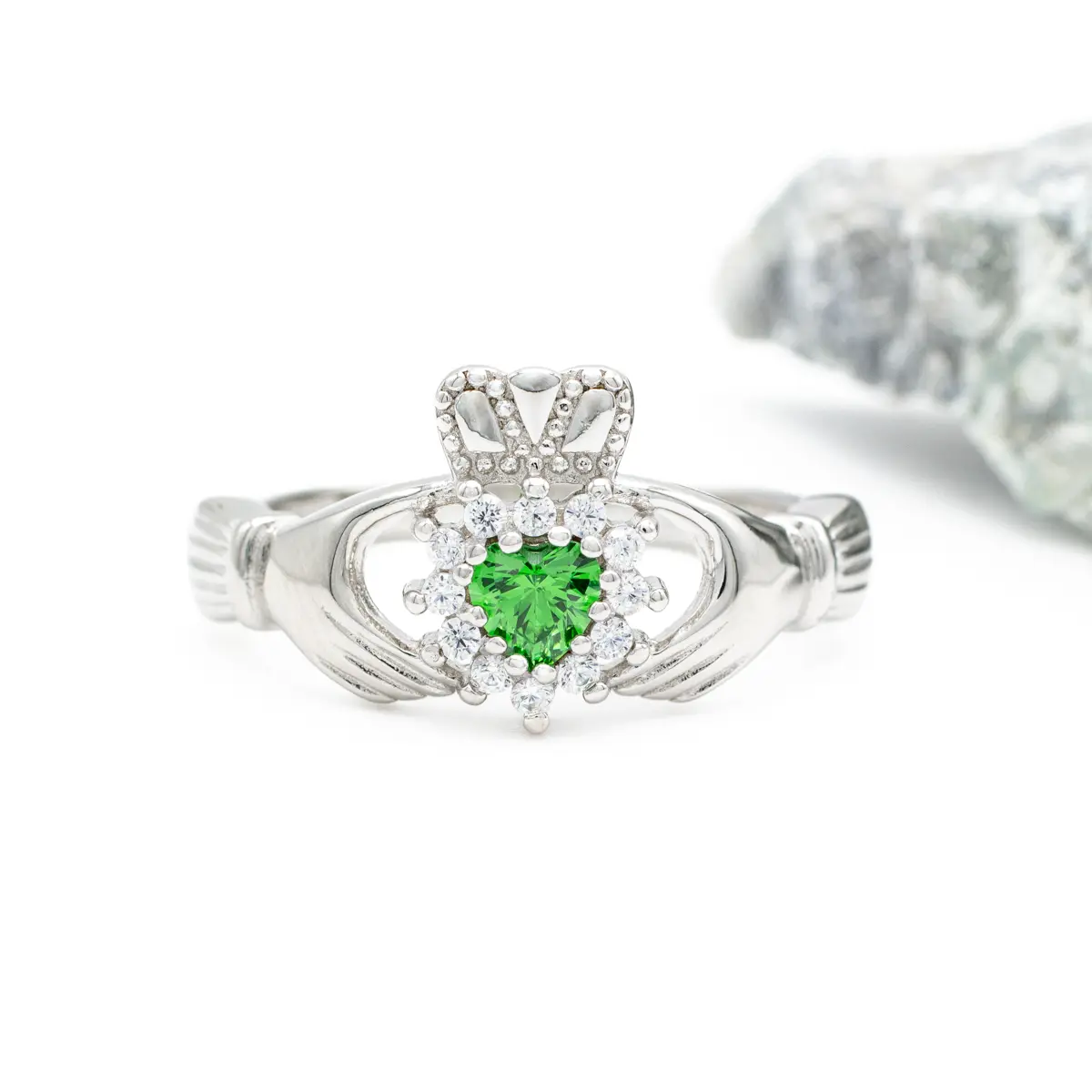 Silver Claddagh Ring With Green Crystal Heart