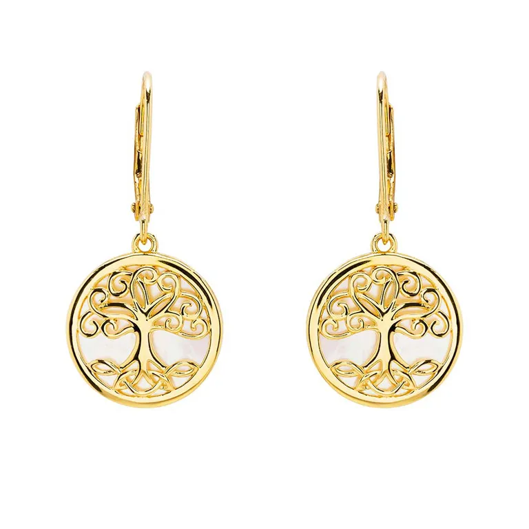 14K Gold Vermeil Tree of Life Earrings set with Mother of Pearl...