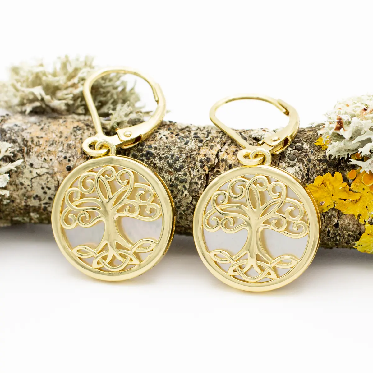 14K Gold Vermeil Tree of Life Earrings set with Mother of Pearl Photo 3 