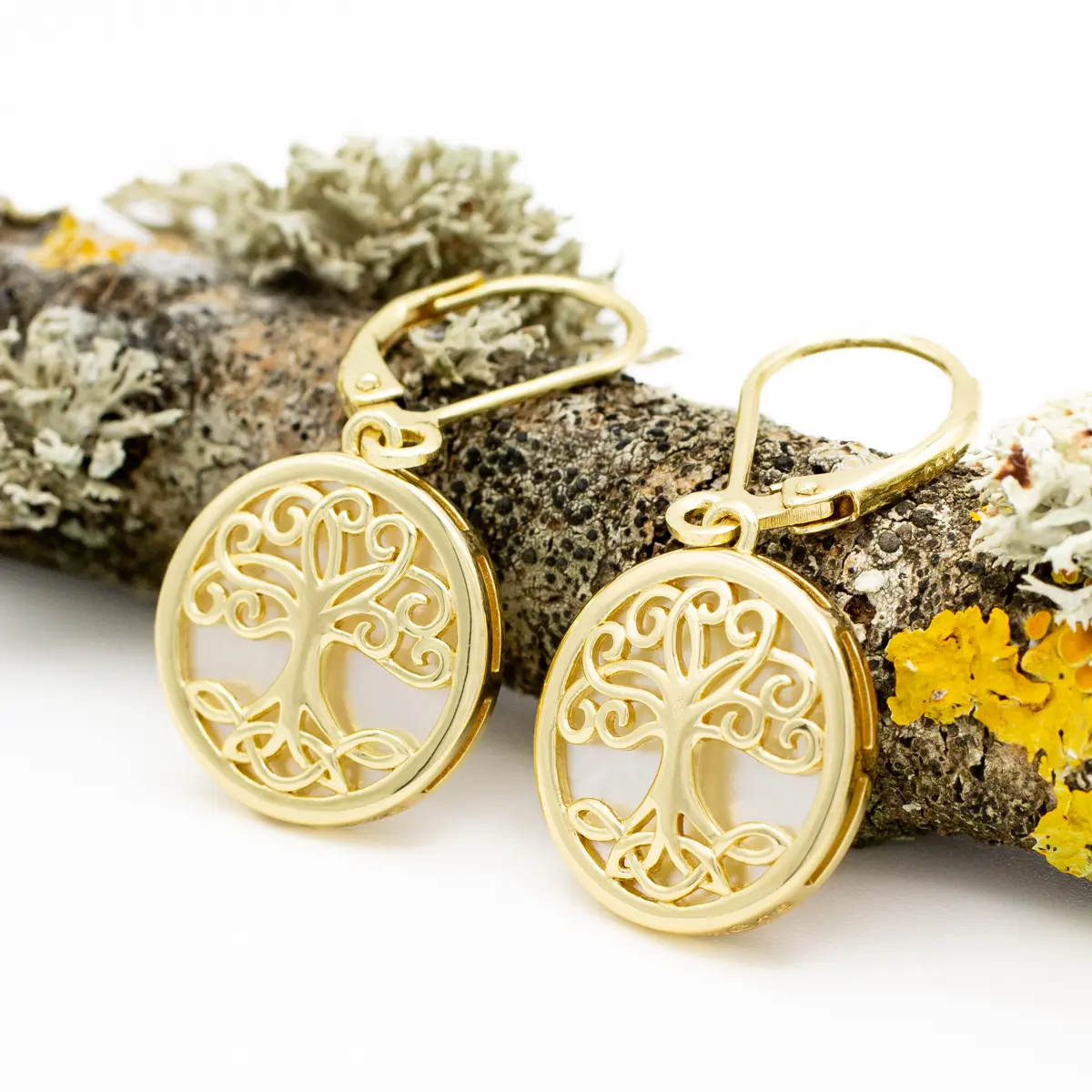 14K Gold Vermeil Tree of Life Earrings set with Mother of Pearl Photo 6 