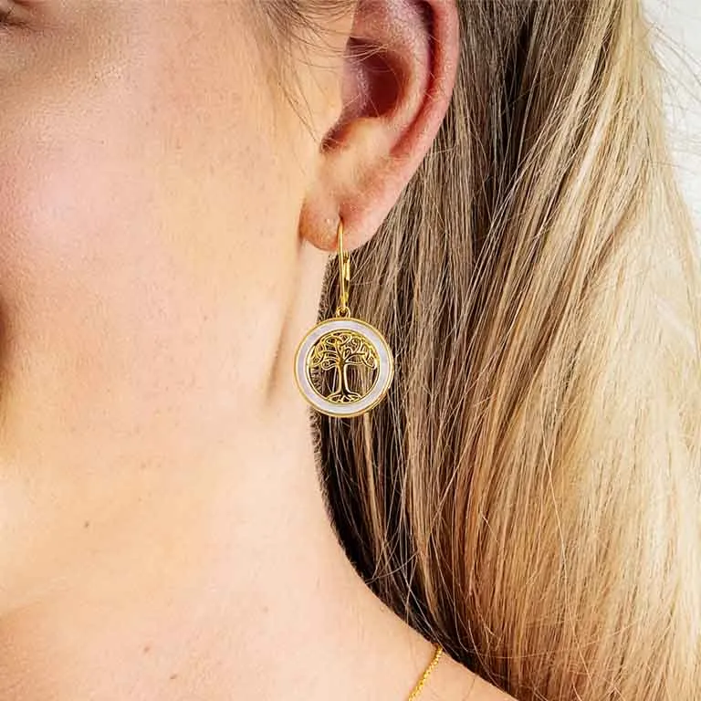 Gold Vermeil Mother of Pearl Tree of Life Earrings Photo 3 