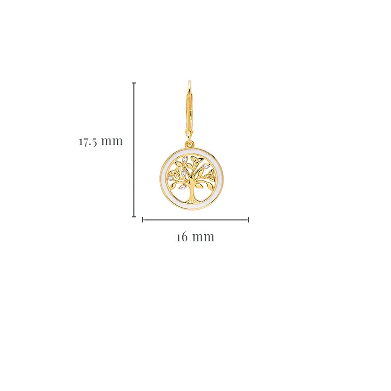 Gold Vermeil Tree of Life Earrings with Cubic Zirconia Crystals & White Enamel Photo 2 