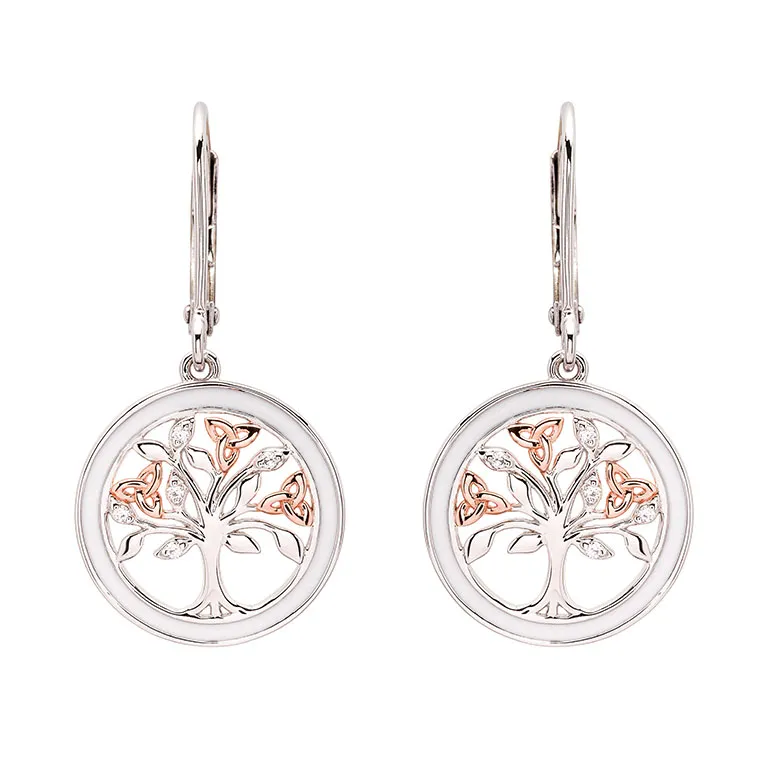 Silver & Rose Gold Tree of Life Earrings with Cubic Zirconia & White Enamel