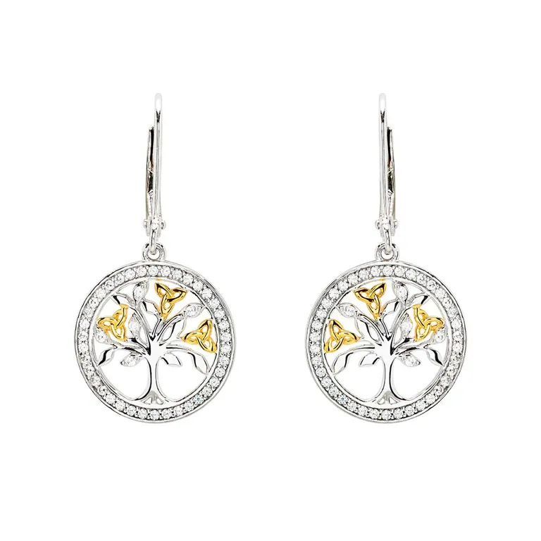 Sterling Silver Tree of Life Drop Earrings with Cubic Zirconia