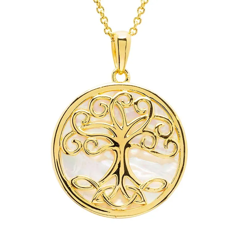 14K Gold Vermeil Tree of Life Necklace set with Mother of Pearl