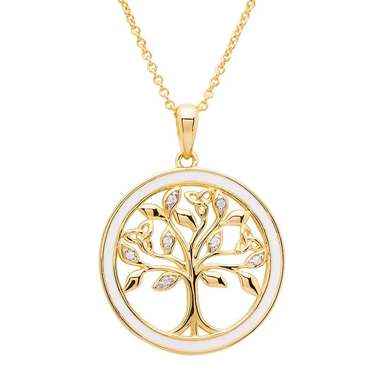 Gold Vermeil Tree of Life Necklace with Cubic Zirconia Crystals & White Enamel