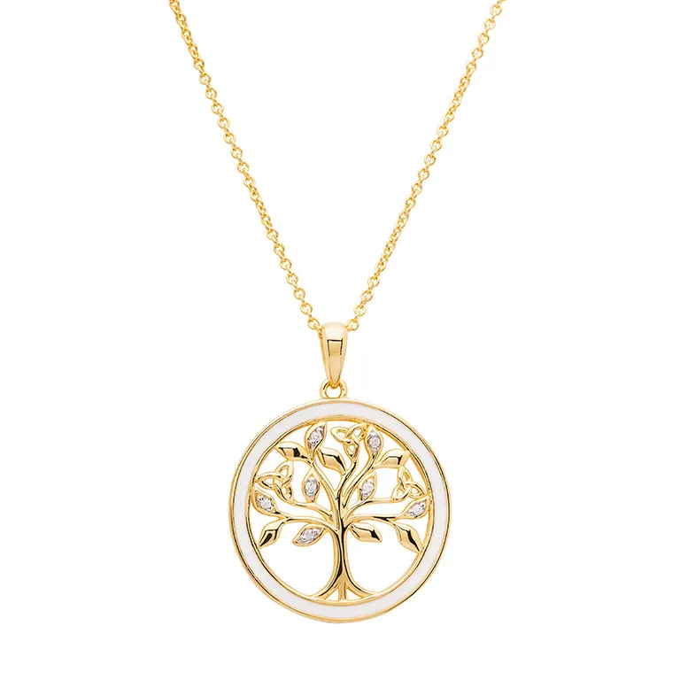 Gold Vermeil Tree of Life Necklace with Cubic Zirconia Crystals & White Enamel Photo 2 