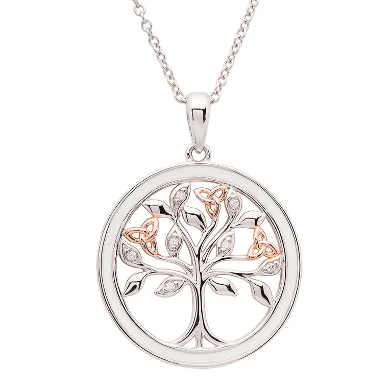 Silver & Rose Gold Tree of Life Necklace with Cubic Zirconia & White Enamel