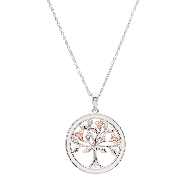 Silver & Rose Gold Tree of Life Necklace with Cubic Zirconia & White Enamel Photo 2 